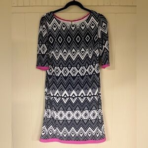 Eliza J geometric print with‎ pink trim midi dress